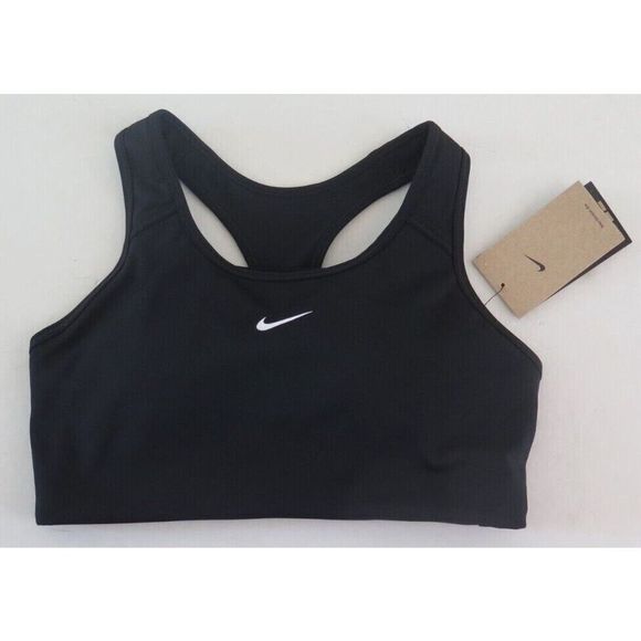 Nike BV3636 010 Womens Sz M Black Dri-Fit Swoosh Logo Medium Support Sports Bra - Picture 1 of 2
